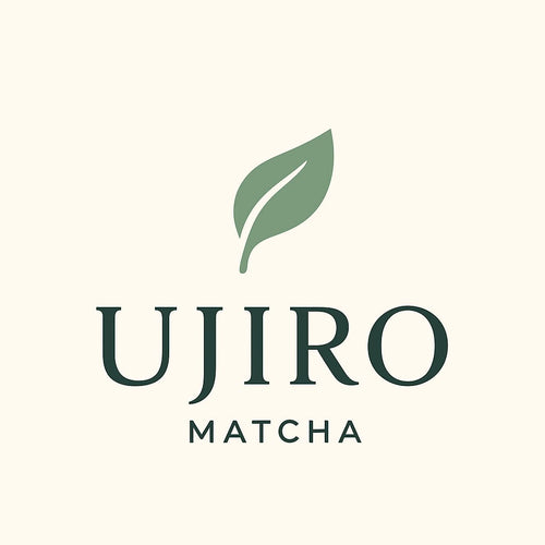 Ujiro Matcha logo with a green leaf on a light beige background