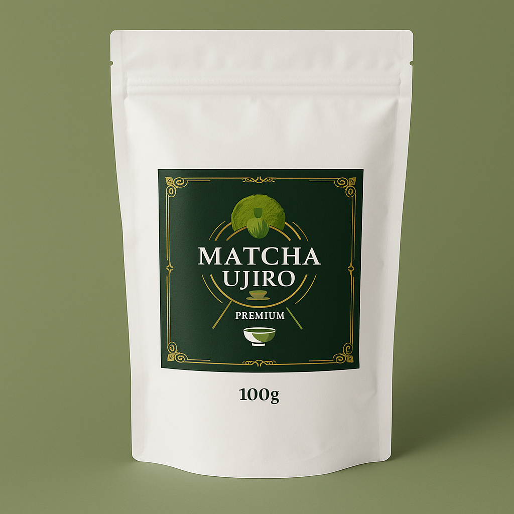 White packaging of Matcha Ujiro tea with a green label on a green background